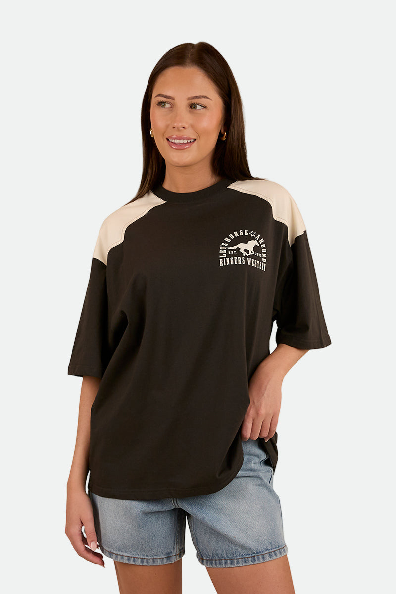 Ringers Western Womens Lets Horse Around Oversized T-Shirt - Washed Black / Off White