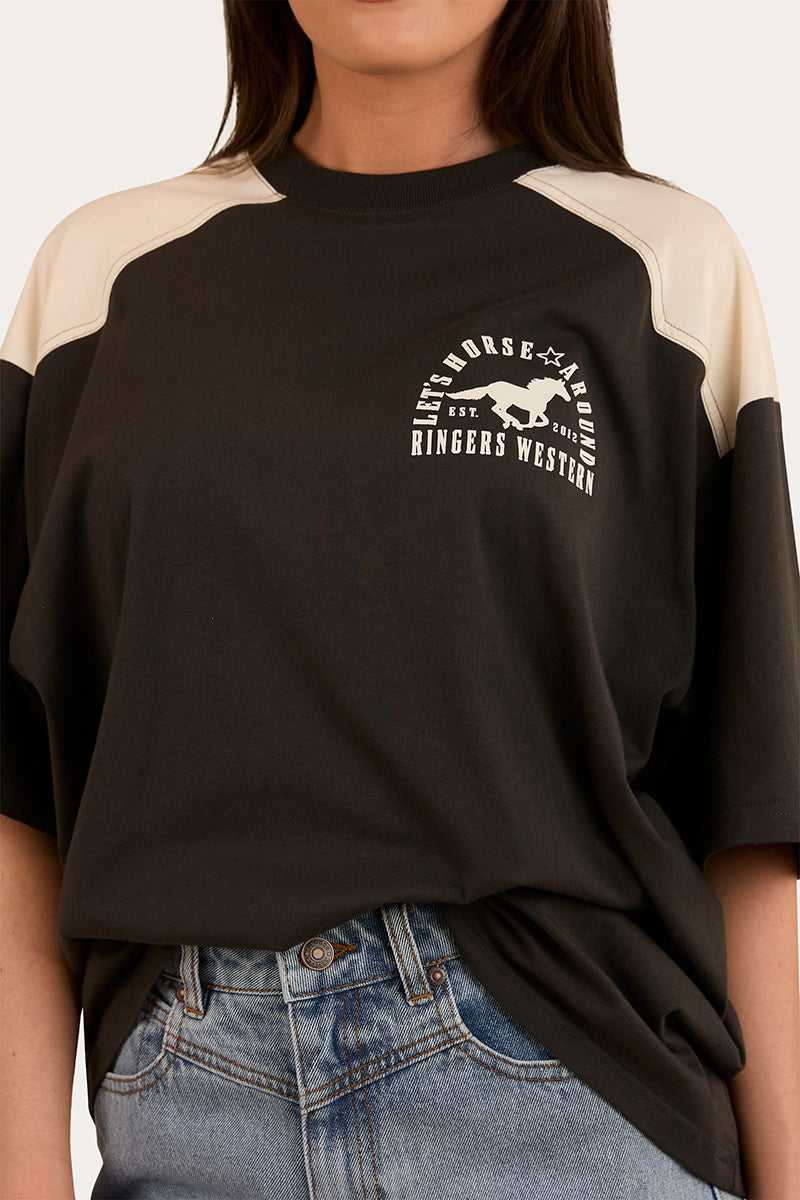 Ringers Western Womens Lets Horse Around Oversized T-Shirt - Washed Black / Off White