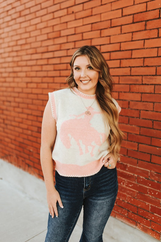 Lucky & Blessed Ivory Soft Pink Buckin Horse Sleeveless Sweater
