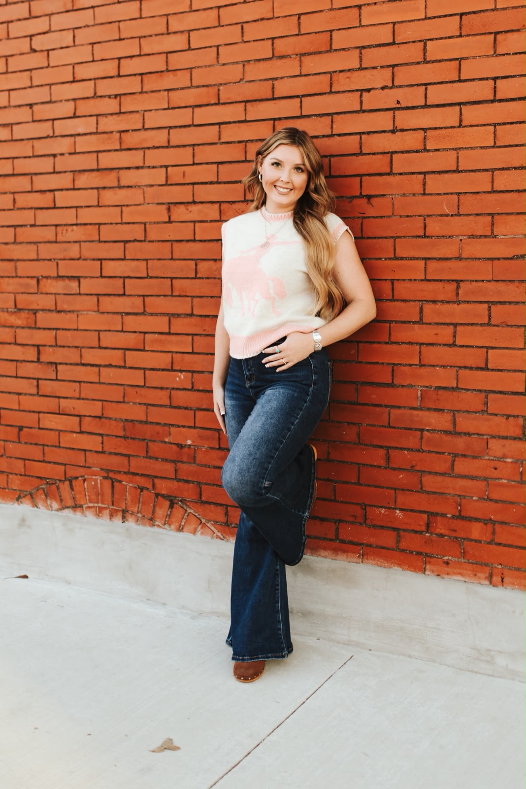 Lucky & Blessed Ivory Soft Pink Buckin Horse Sleeveless Sweater