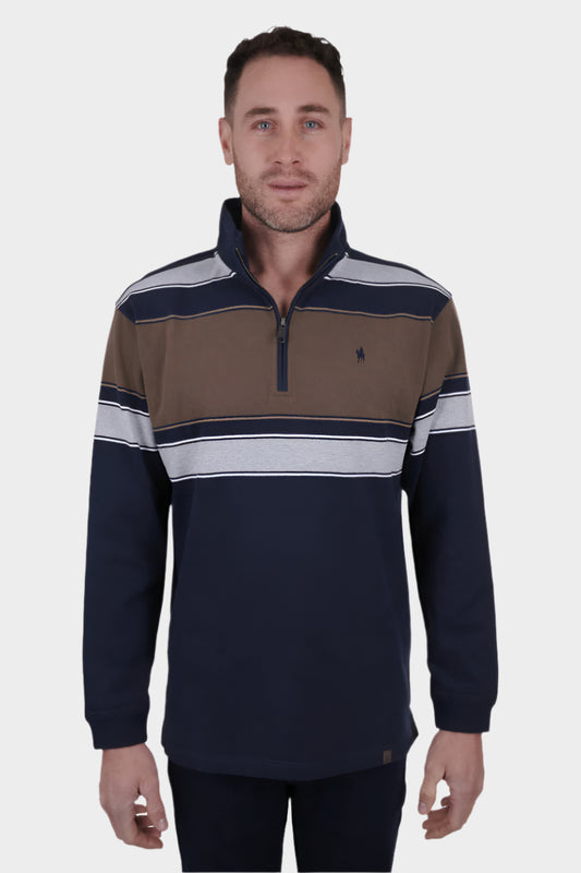 THOMAS COOK JASON 1/4 ZIP RUGBY (NAVY/DARK TAN)-CLEARANCE