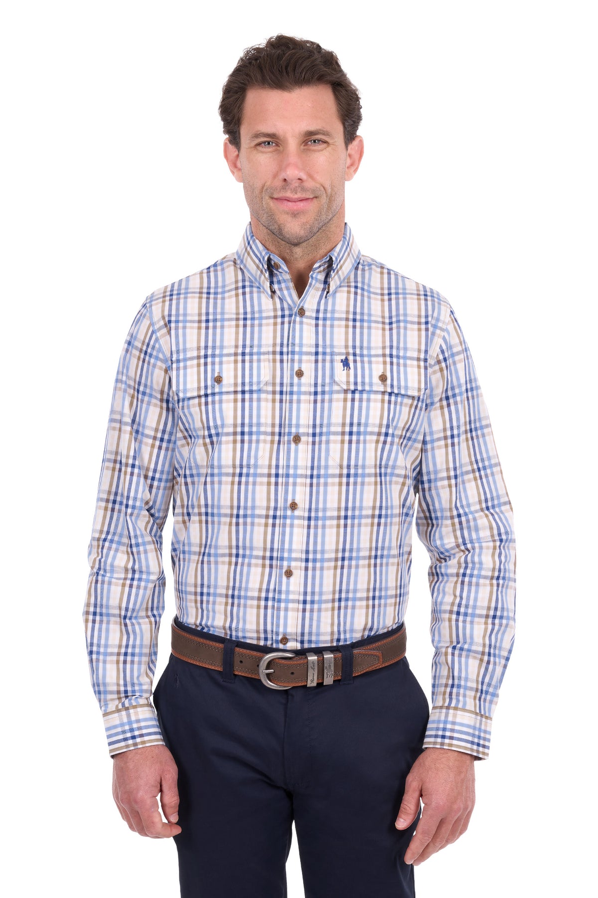 Thomas Cook Tommy Men's 2 Pocket Long Sleeve Shirt – Tan/Navy