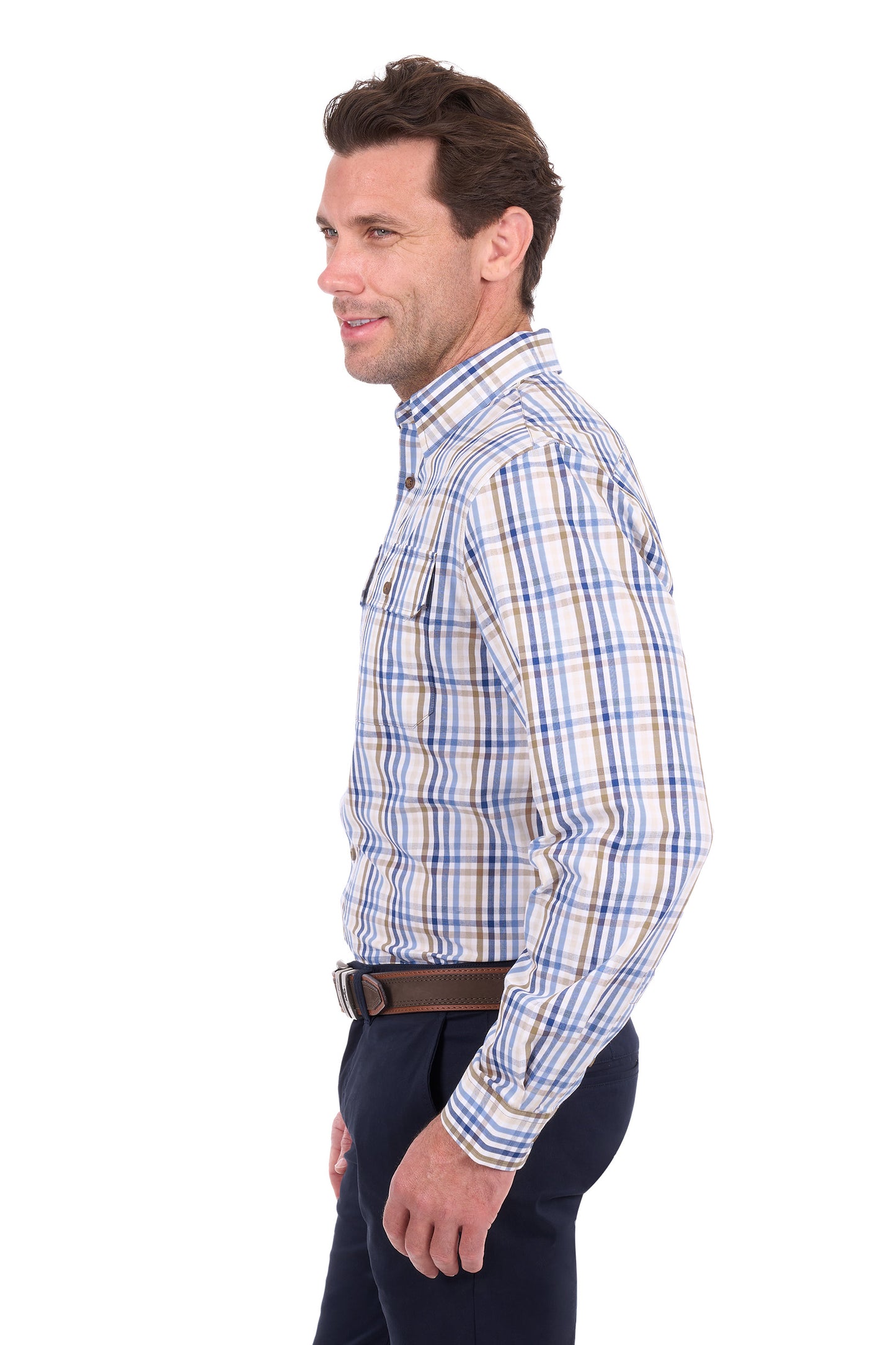 Thomas Cook Tommy Men's 2 Pocket Long Sleeve Shirt – Tan/Navy