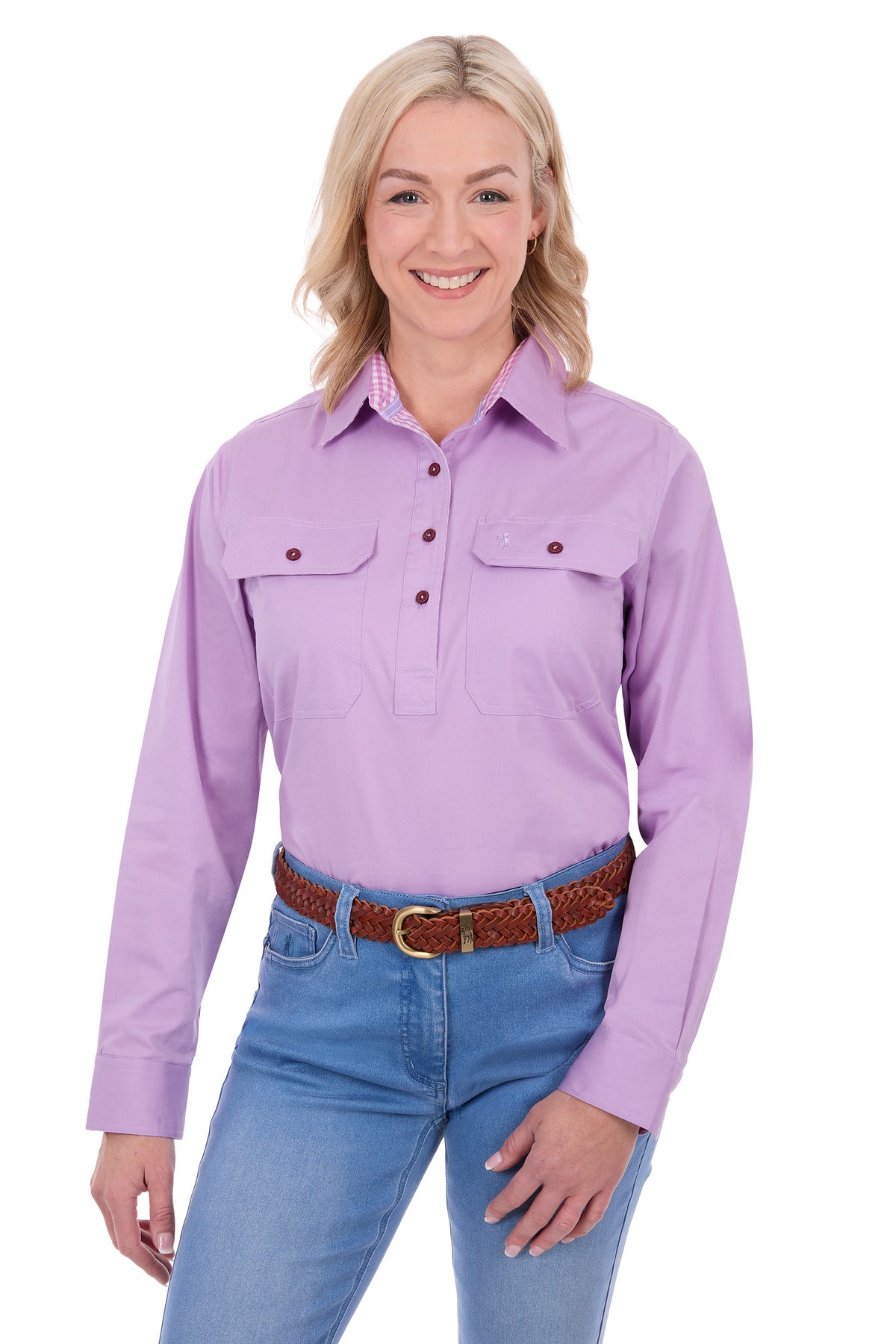 Thomas Cook Women's Stretch Drill Half Button L/S Work Shirt - Lilac