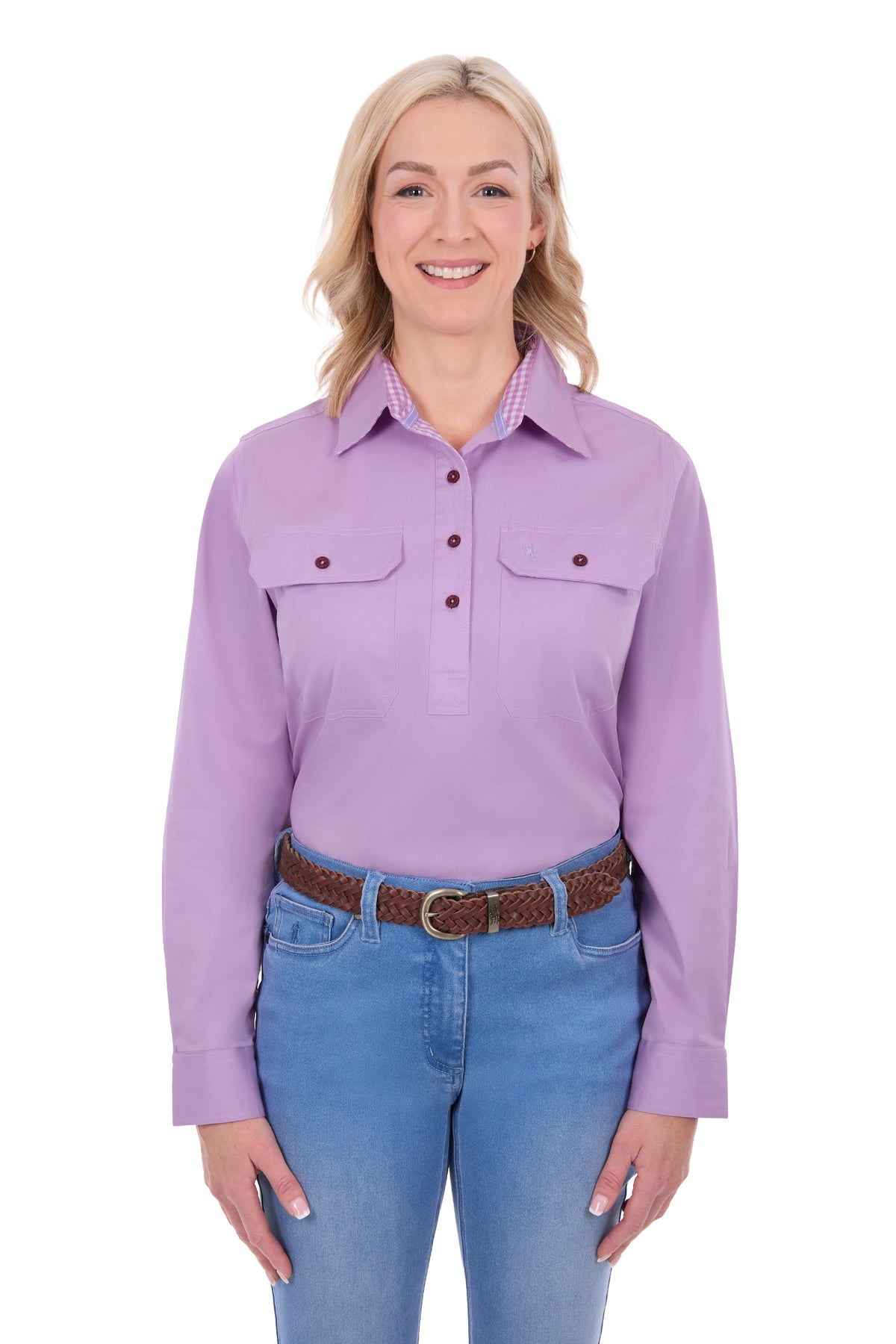 Thomas Cook Women's Stretch Drill Half Button L/S Work Shirt - Lilac