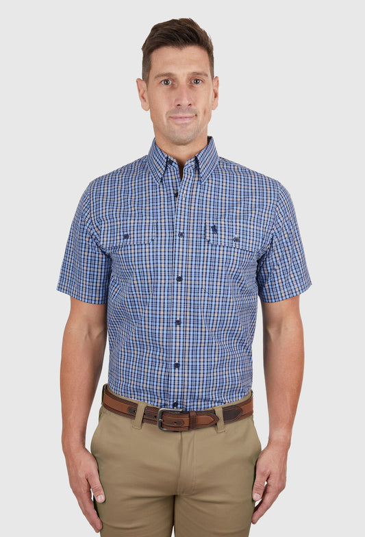 THOMAS COOK MENS GUS 2 POCKET S/S SHIRT (NAVY/TAN)