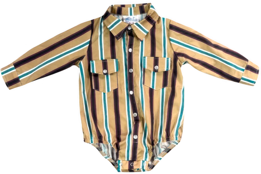Shea Baby Tan Stripe Vintage LS Pearl Snap Onesie