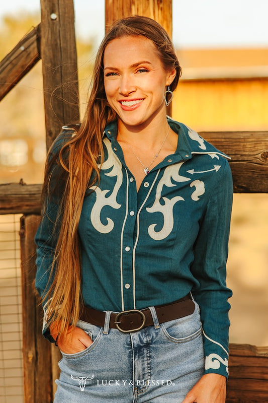 Lucky & Blessed Teal Ivory Patch Embroidered Boot Stitch Contrast Piping Button Down Shirt