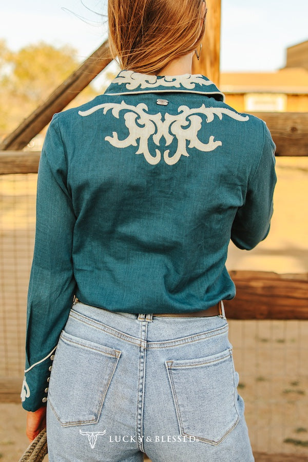Lucky & Blessed Teal Ivory Patch Embroidered Boot Stitch Contrast Piping Button Down Shirt
