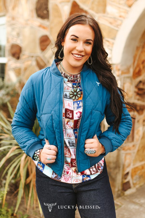 Lucky & Blessed Teal Quilted Bomber Jacket Teal Lining