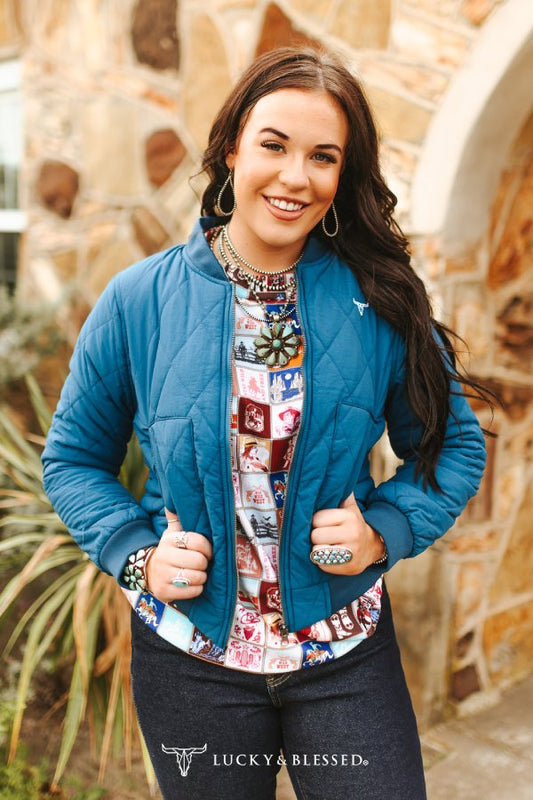 Lucky & Blessed Teal Quilted Bomber Jacket Teal Lining