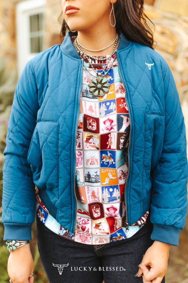 Lucky & Blessed Teal Quilted Bomber Jacket Teal Lining