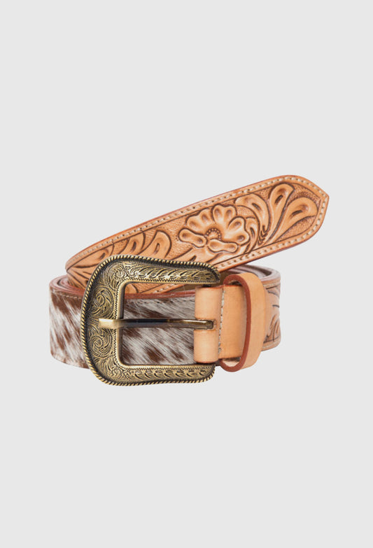 The Design Edge Tooled Leather Cowhide Belt (Belt06)_Tan