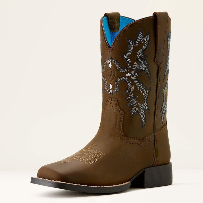Ariat Youth Tombstone Wide Square Toe Western Boot - Distressed Brown