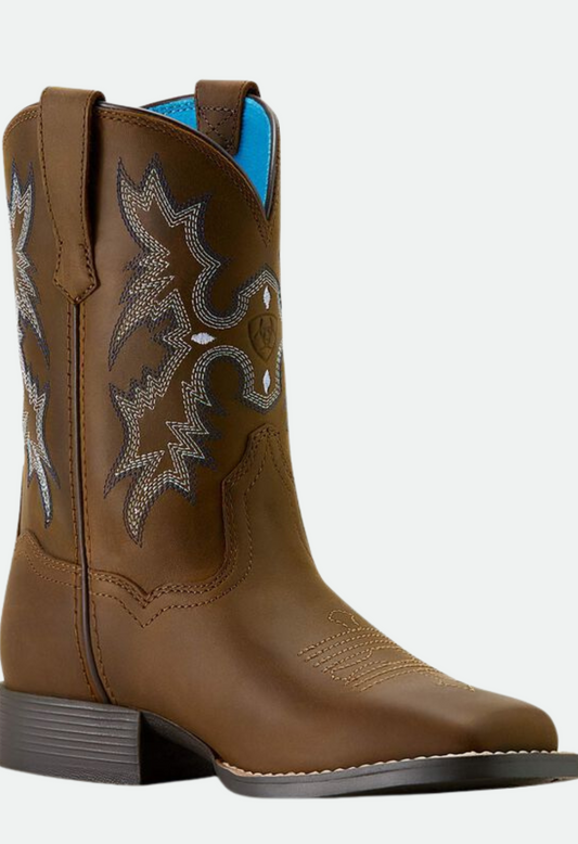 Ariat Youth Tombstone Wide Square Toe Western Boot - Distressed Brown