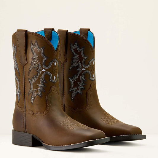 Ariat Youth Tombstone Wide Square Toe Western Boot - Distressed Brown