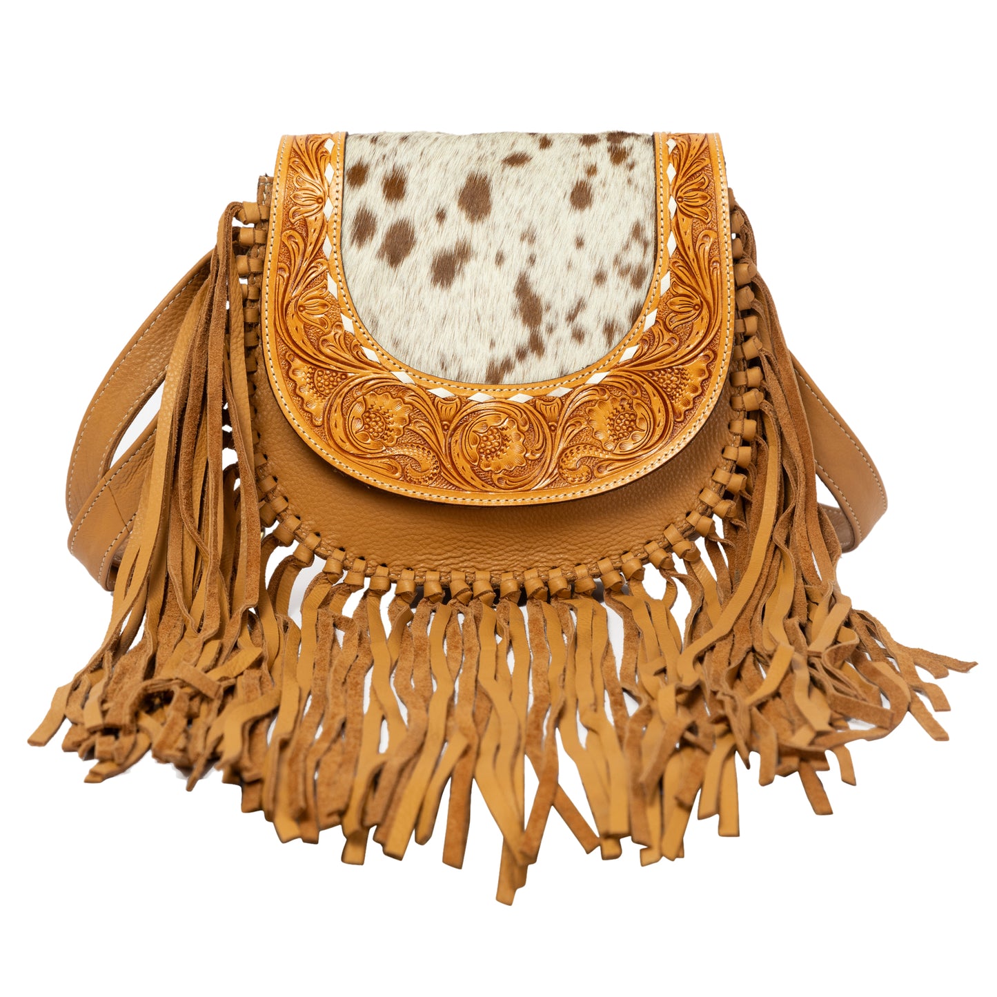 The Design Edge Women's Tooled Cowhide Flap Bag with Fringes – AB92 – Cumana