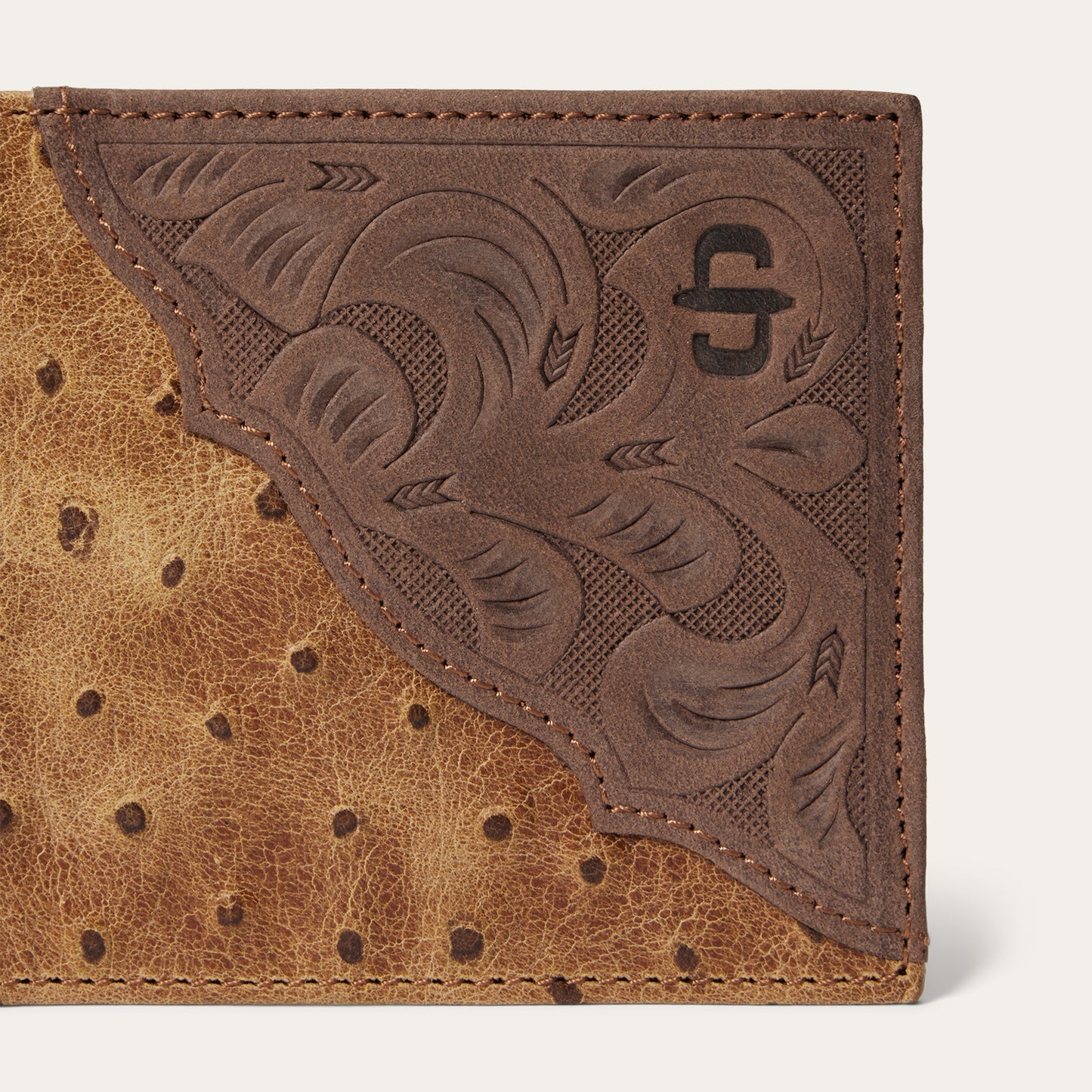 Stetson Tooled Embossed Ostrich Bi-Fold Wallet - Brown / California Nut