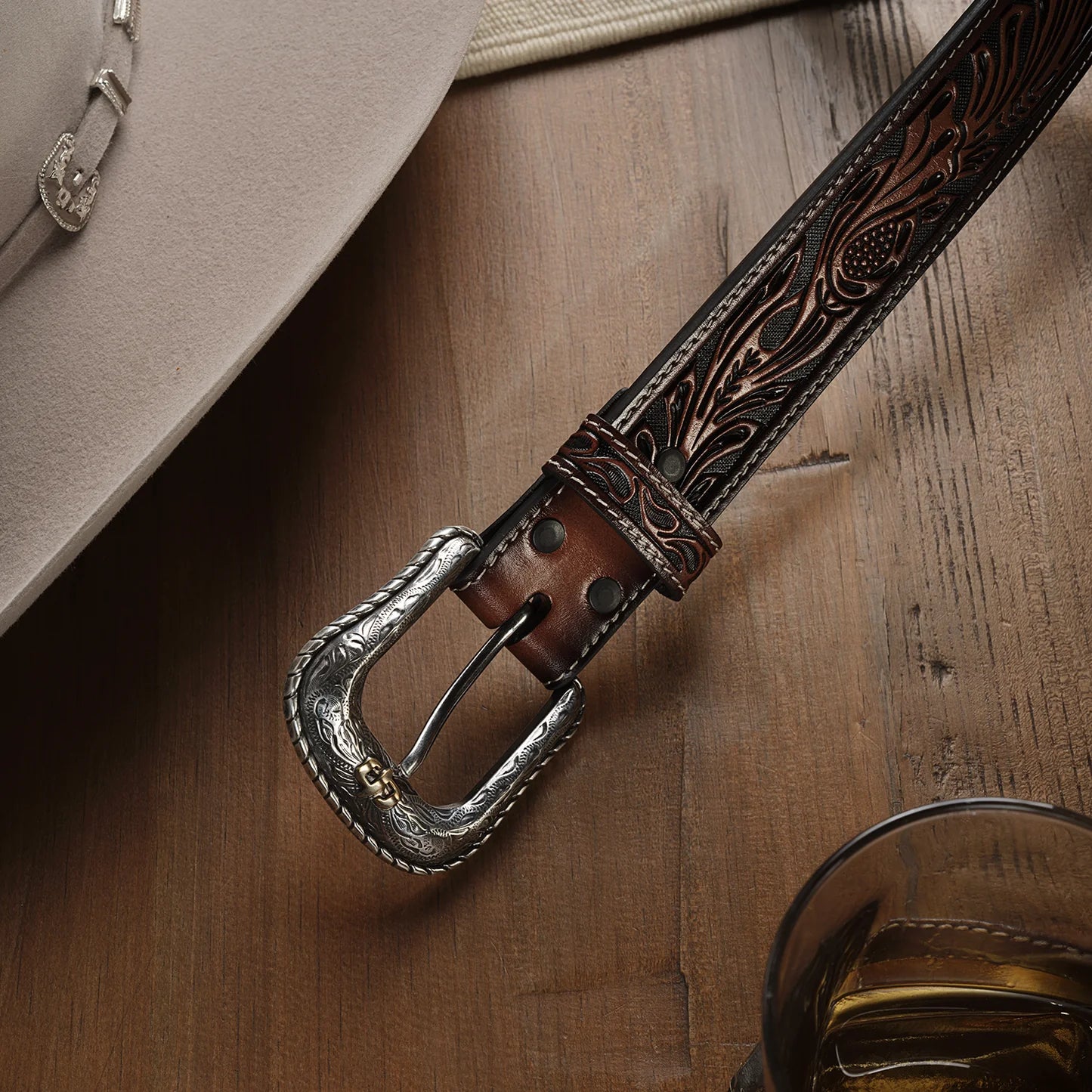 Stetson Tooled Belt - Dark/Brown 38mm