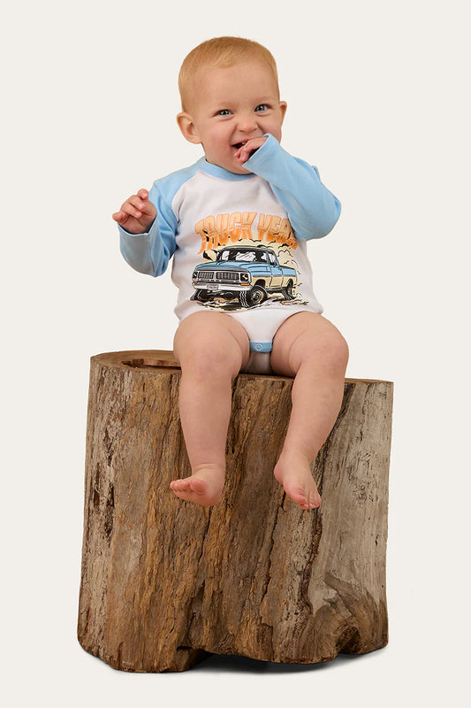 Ringers Western Trucker Kid Babies LS Romper - Blue