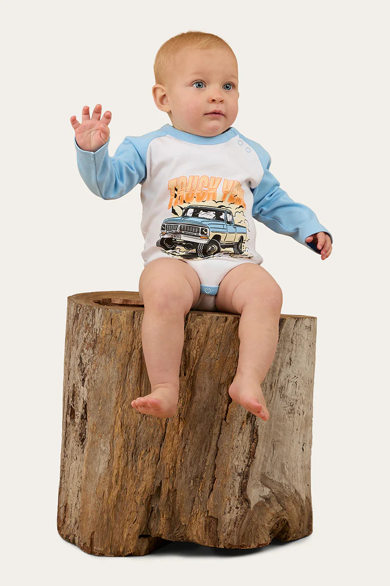 Ringers Western Trucker Kid Babies LS Romper - Blue