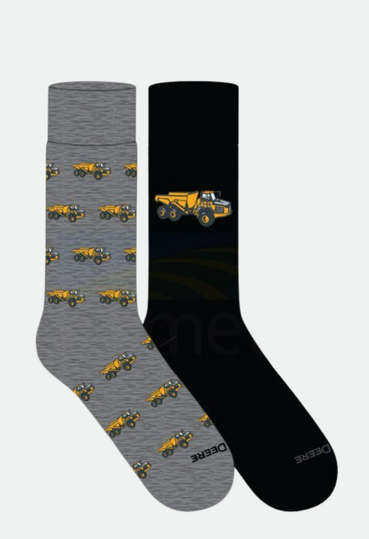 John Deere 2PK of Dress Socks; Grey and Black with Construction Dump Trucks, Size 10-13