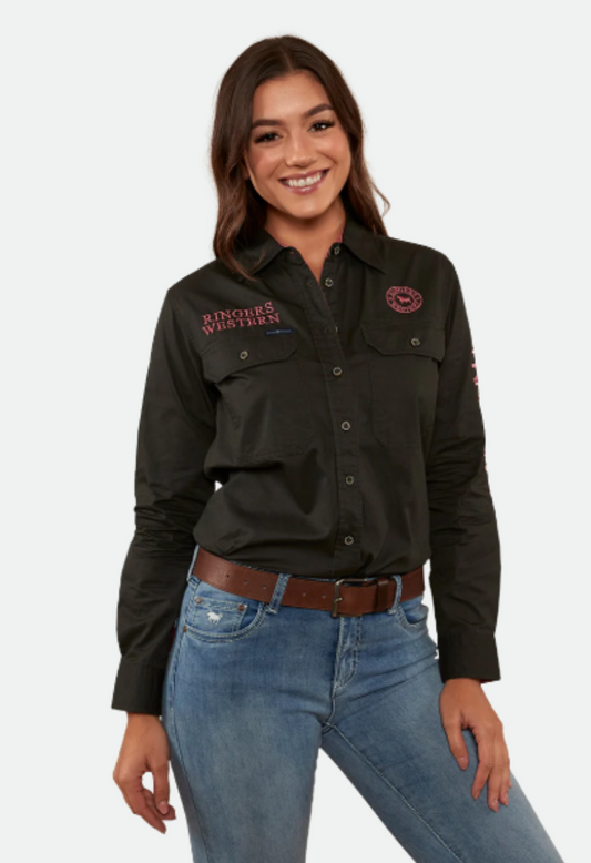 Signature Jillaroo Womens Full Button Work Shirt - Charcoal/Dusty Rose