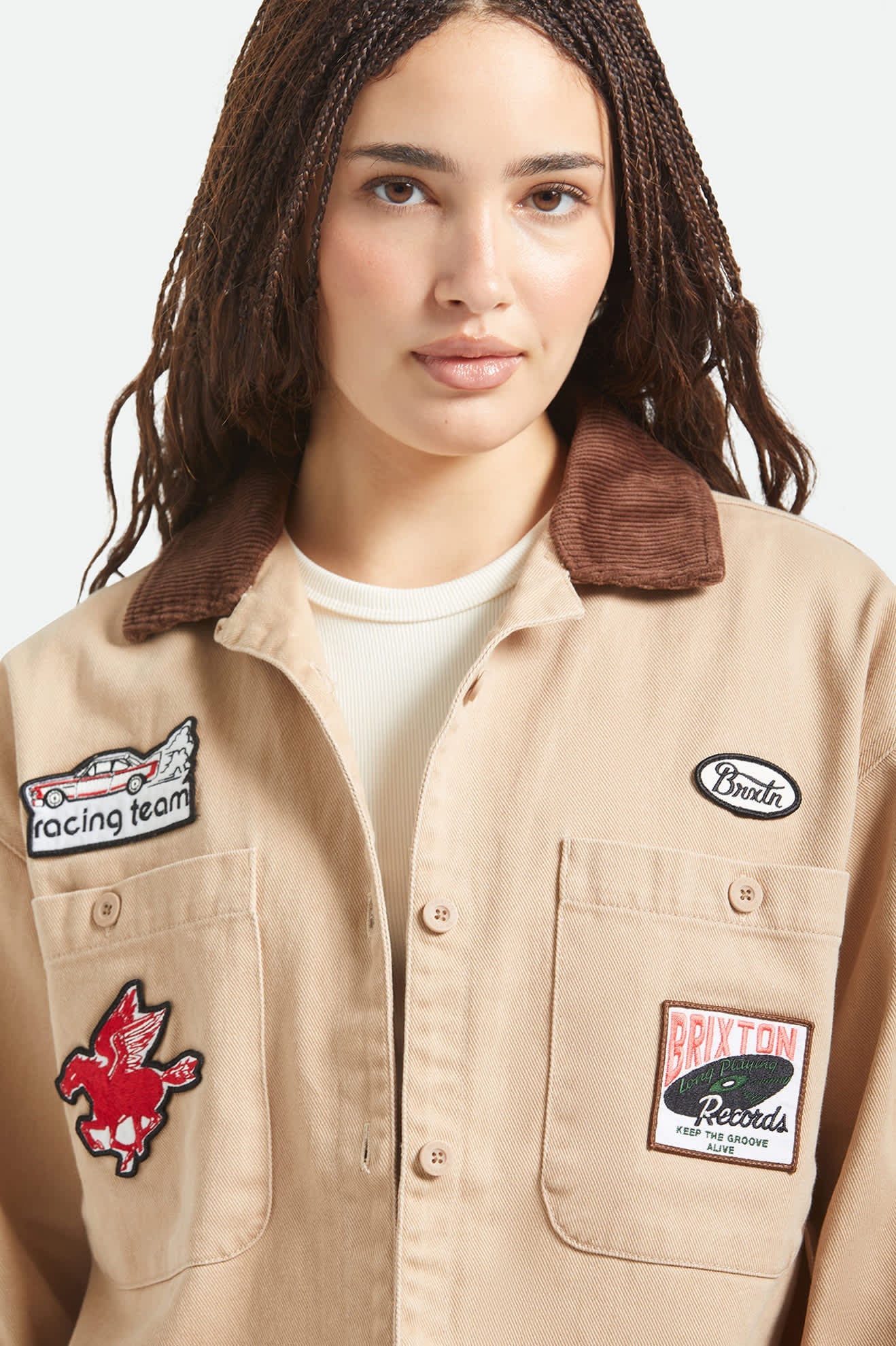 Brixton Women's Utopia Patchwork Overshirt - Washed Timeless Taupe