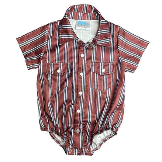 Shea Baby Vintage Maroon Pin Stripe SS Pearl Snap Onesie