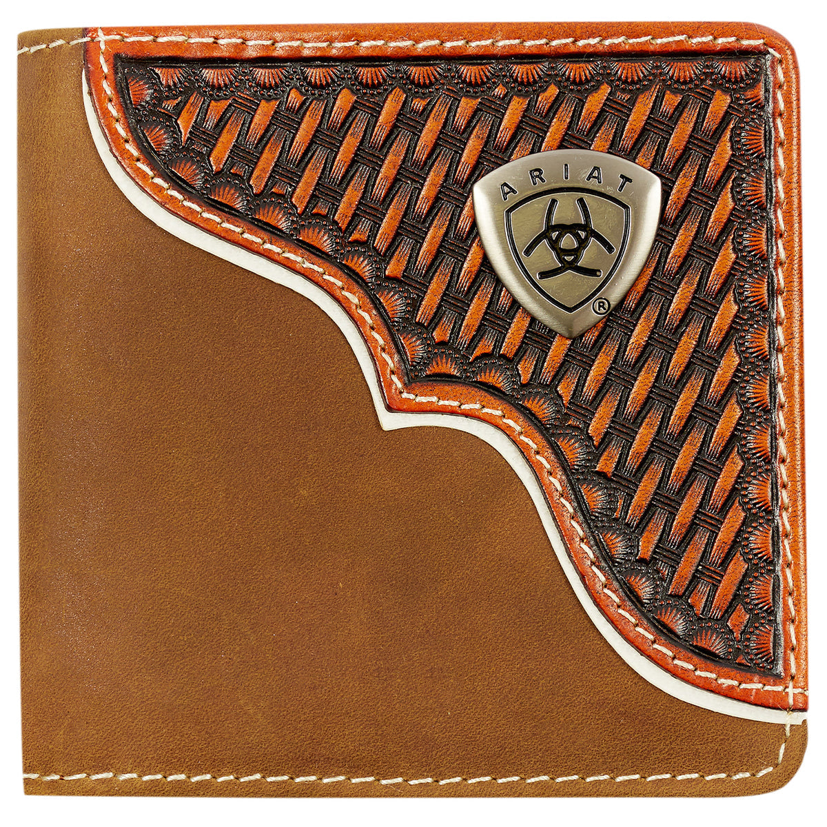 ARIAT Men's Bifold Flip Wallet - Natural Calf Hair & Basketweave Leather With Silver Concho