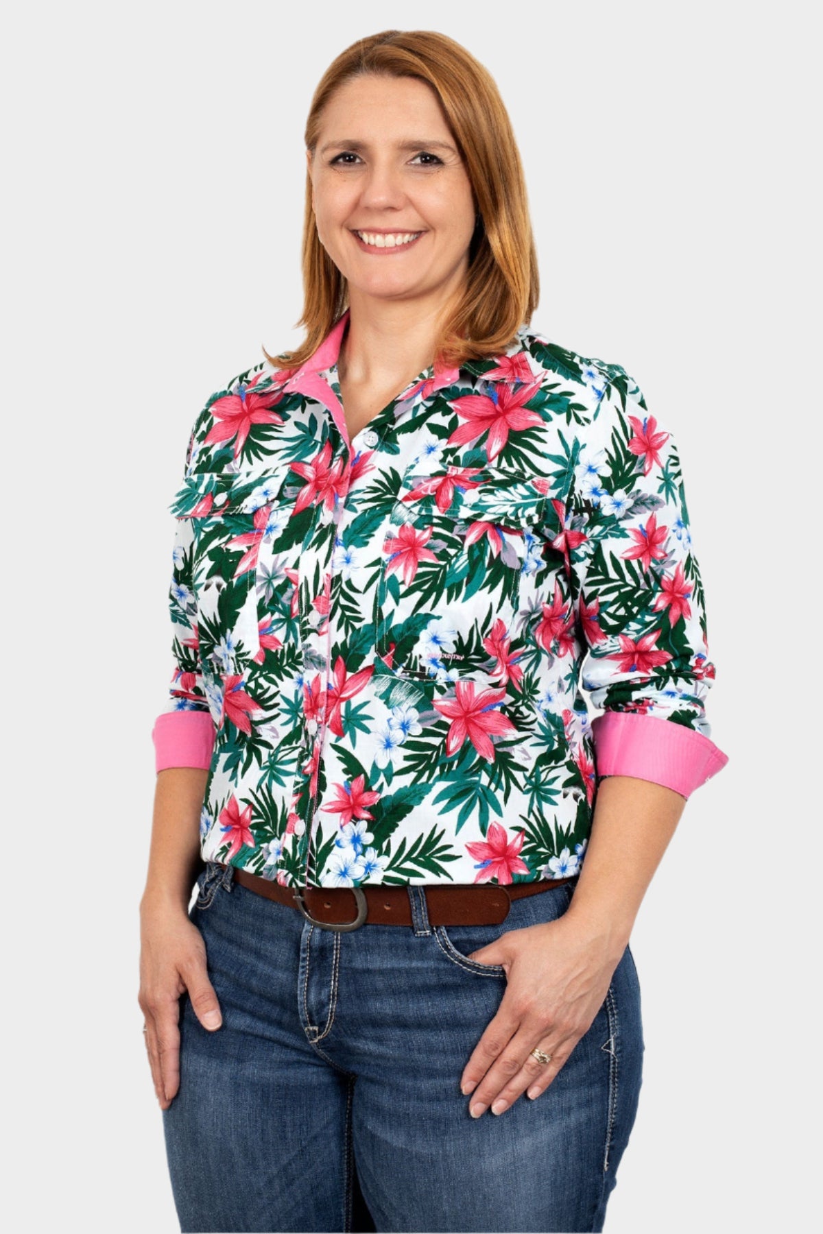 Just Country Women's Abbey Full Button - White Hibiscus