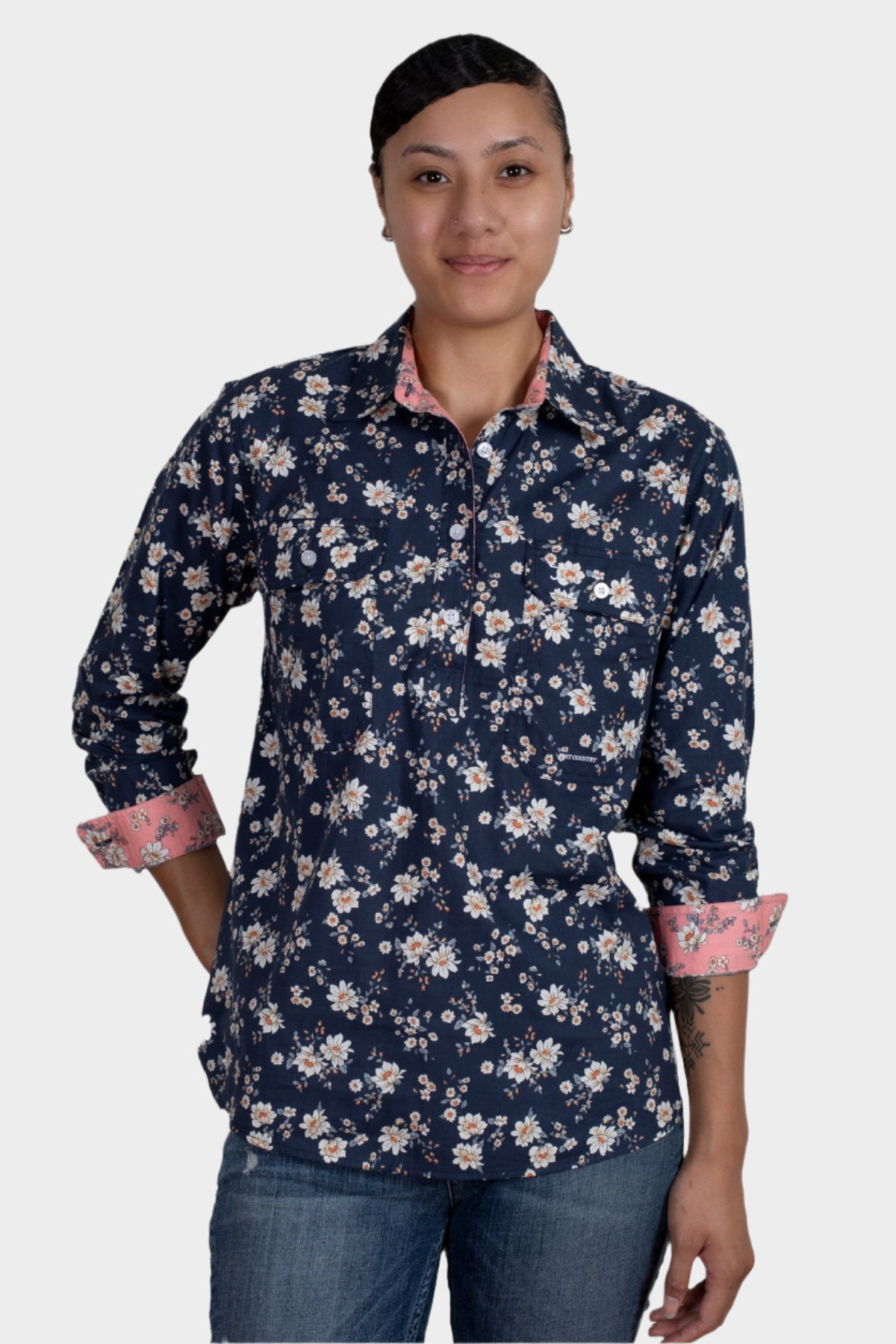 Just Country Women's Georgie Half Button Work Shirt - Midnight Navy Magnolia