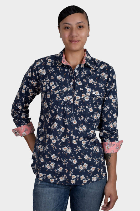 Just Country Women's Georgie Half Button Work Shirt - Midnight Navy Magnolia