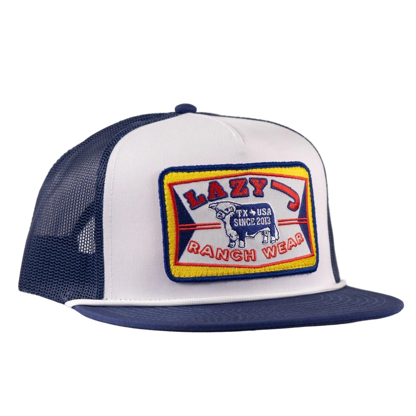 Lazy J Ranch White & Navy Feed Wagon Classic Rope Trucker Hat