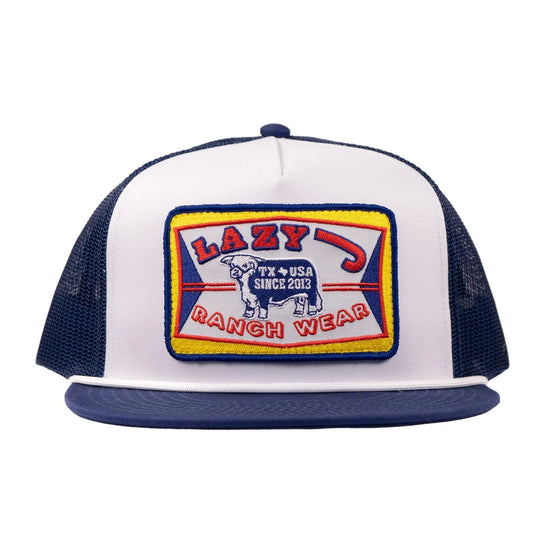 Lazy J Ranch White & Navy Feed Wagon Classic Rope Trucker Hat