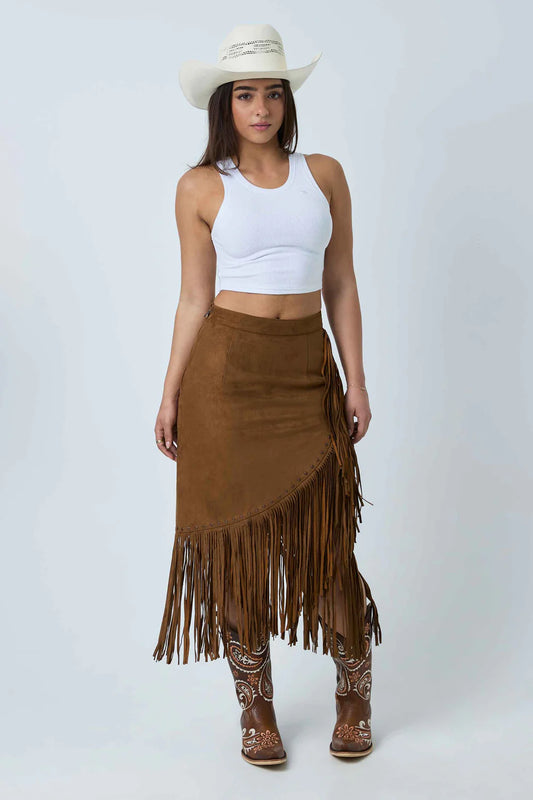 Ringers Western Womens Wanderlust Faux Suede Fringe Midi Skirt - Copper