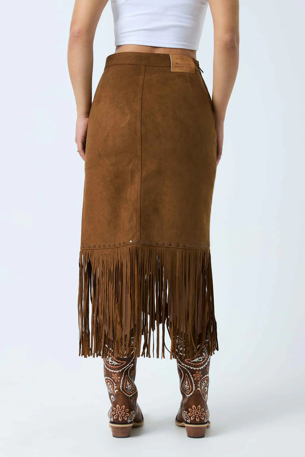 Ringers Western Womens Wanderlust Faux Suede Fringe Midi Skirt - Copper