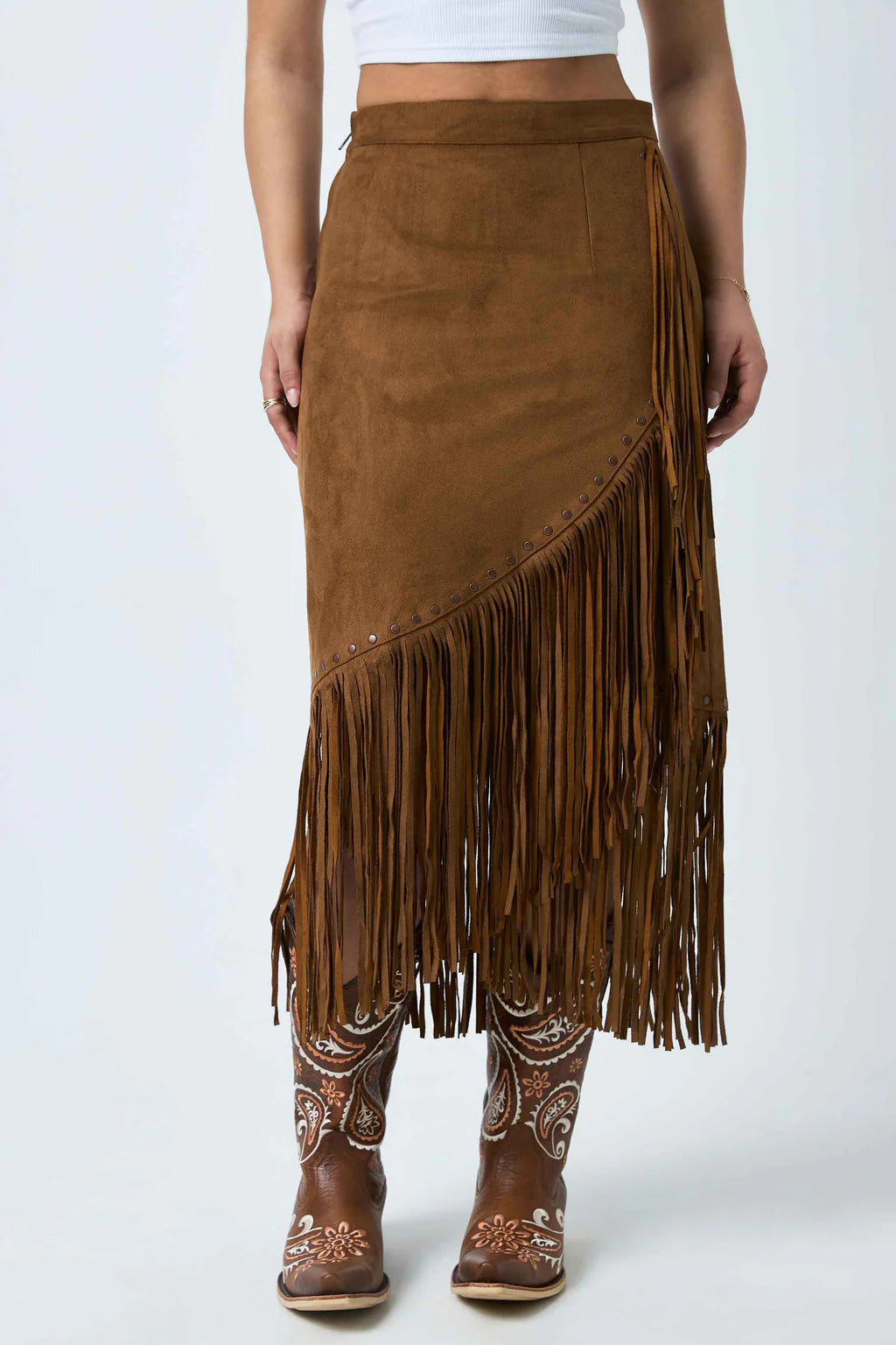 Ringers Western Womens Wanderlust Faux Suede Fringe Midi Skirt - Copper