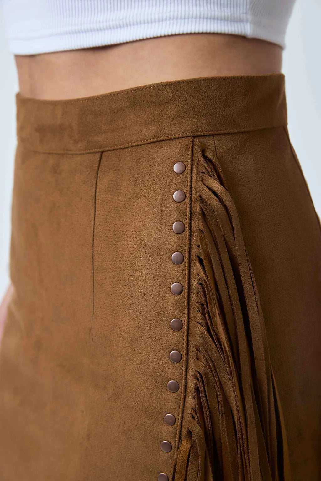 Ringers Western Womens Wanderlust Faux Suede Fringe Midi Skirt - Copper