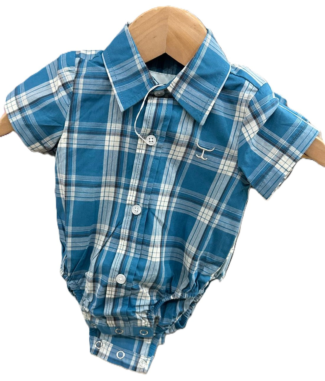 Just Country Infant’s Frankie Short Sleeve Full Button Jumpsuit – Petrol Plaid