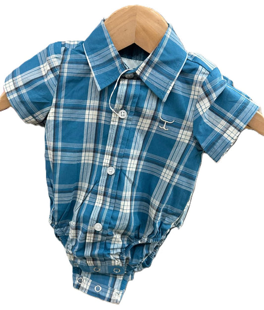 Just Country Infant’s Frankie Short Sleeve Full Button Jumpsuit – Petrol Plaid