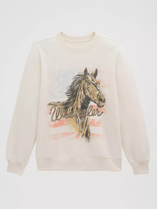 Wrangler Women's Americana Horse Graphic Fleece Reg Pullover - Egret