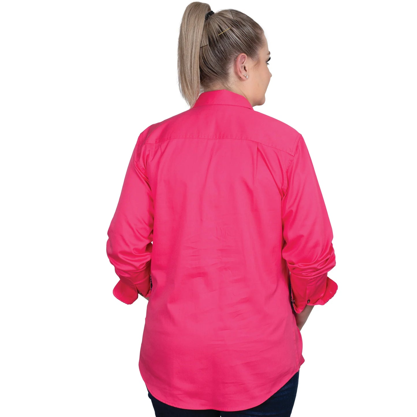 Just Country Women's Jahna Trim Half Button Workshirt - Hot Pink/Navy Meadow Flowers