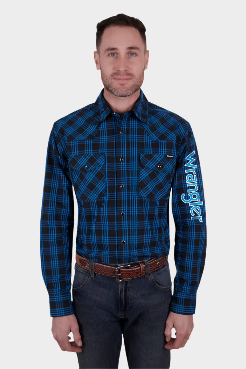 WRANGLER MENS BETTS LOGO LS SHIRT (BLACK/ROYAL)
