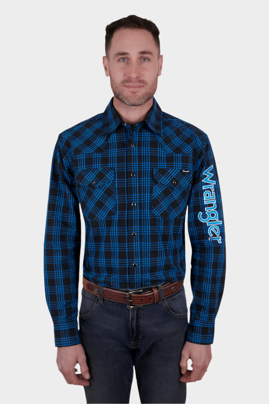 WRANGLER MENS BETTS LOGO LS SHIRT (BLACK/ROYAL)