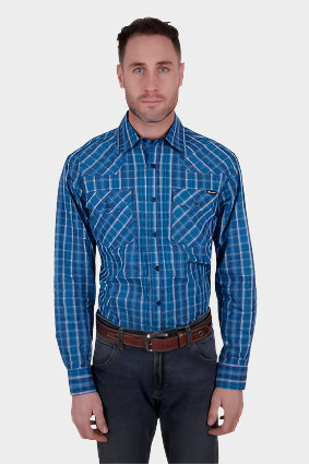 WRANGLER MENS MITCHELL LONG SLEEVE SHIRT (BLUE) - SALE