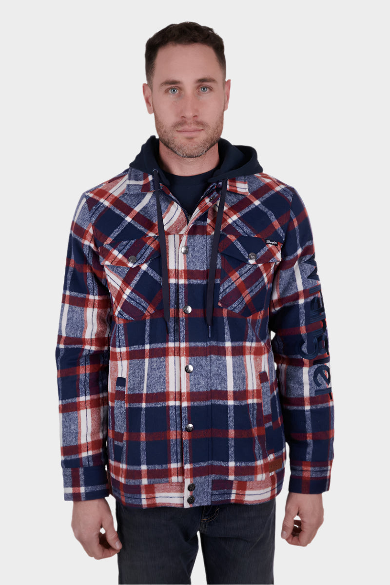WRANGLER MENS ANDREW WOOL SHIRT JACKET WITH DETACHABLE HOOD (NAVY/RED)