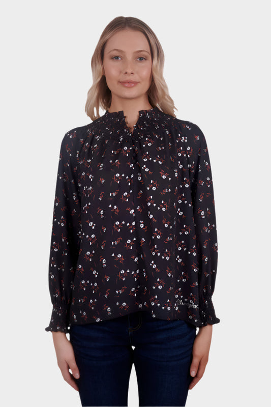 WRANGLER WOMENS CLARINDA LONG SLEEVE BLOUSE (BLACK/BROWN)