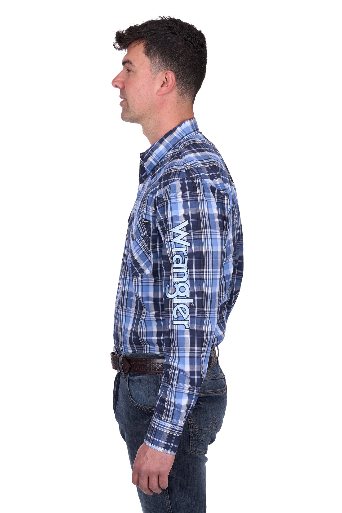 Wrangler MENS BILLY LOGO LS Shirt - Navy/Lt. Blue