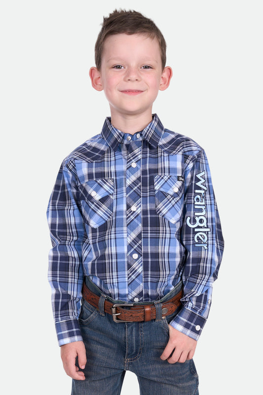 Wrangler Boy's BILLY LOGO LS Shirt - Navy/Lt. Blue